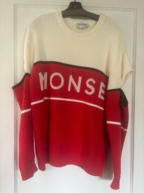 MONSE Red and Cream Logo Colorblock Crew Sweater